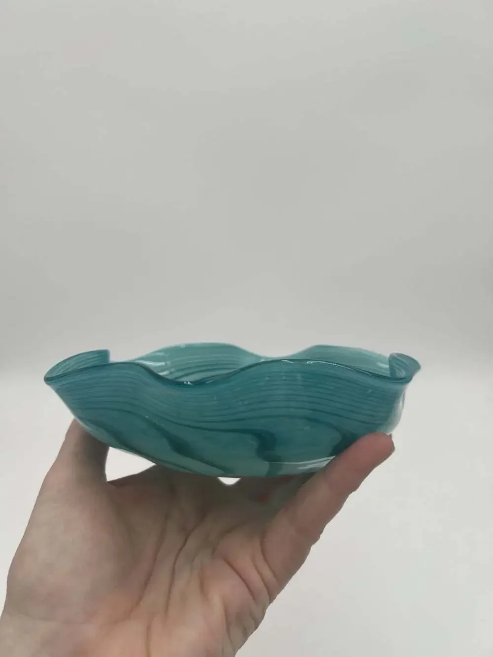 Hand Blown Art Glass Bowl Teal Ruffled Swirl Multicolor Confetti Studio Glass